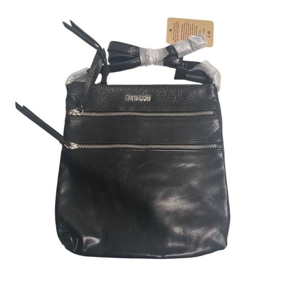 ESTALON Women’s Genuine Leather Crossbody Black Bag 11X10.5 New With Defects - Picture 1 of 10